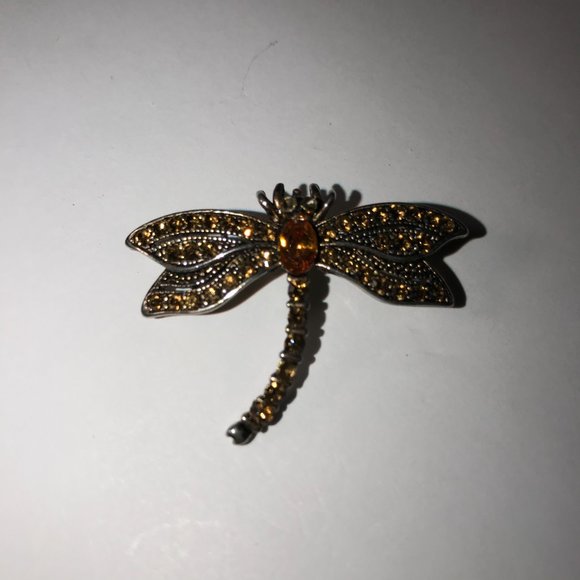 Vintage Orange Rhinestone Dragonfly Pin - Picture 2 of 5